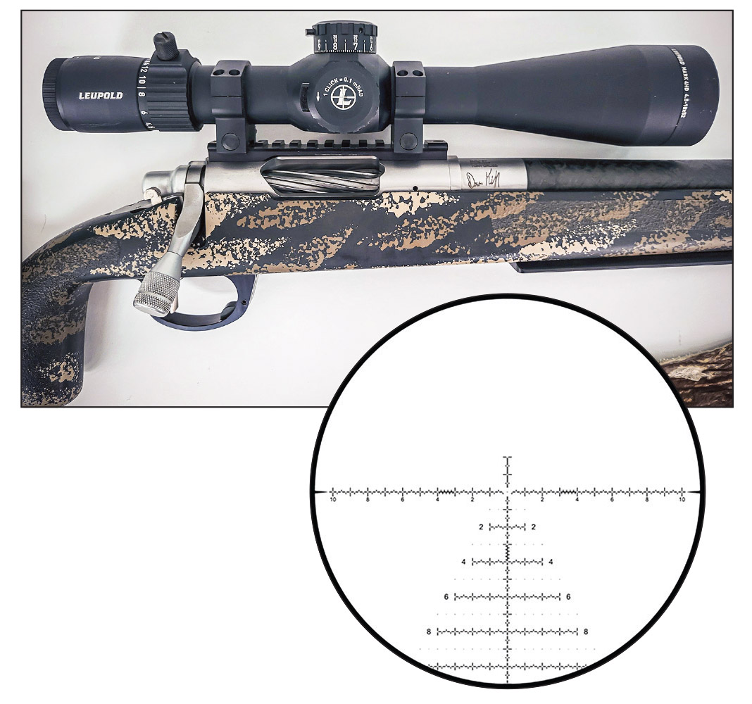 The optic used throughout testing was a Leupold Mark 4HD 4.5-18x 52mm riflescope that features a 34mm main tube and the  Leupold PR2-MIL FFP reticle. It proved to be rugged and reliable, the turrets tracked perfectly and the reticle provided ample holdovers for wind and elevation while not being overly busy.